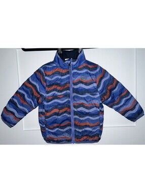 Kids REI Co-Op Down Reversible Puffer Jacket Warm Size 3T Black Blue Stripes